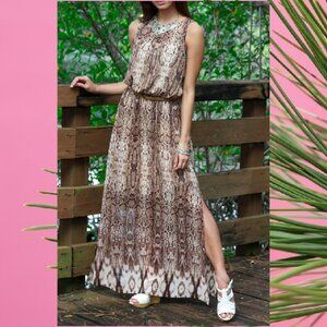 Women's Brown Snake print A-Line Maxi Dress Boho Chic Dress Large / X-Large